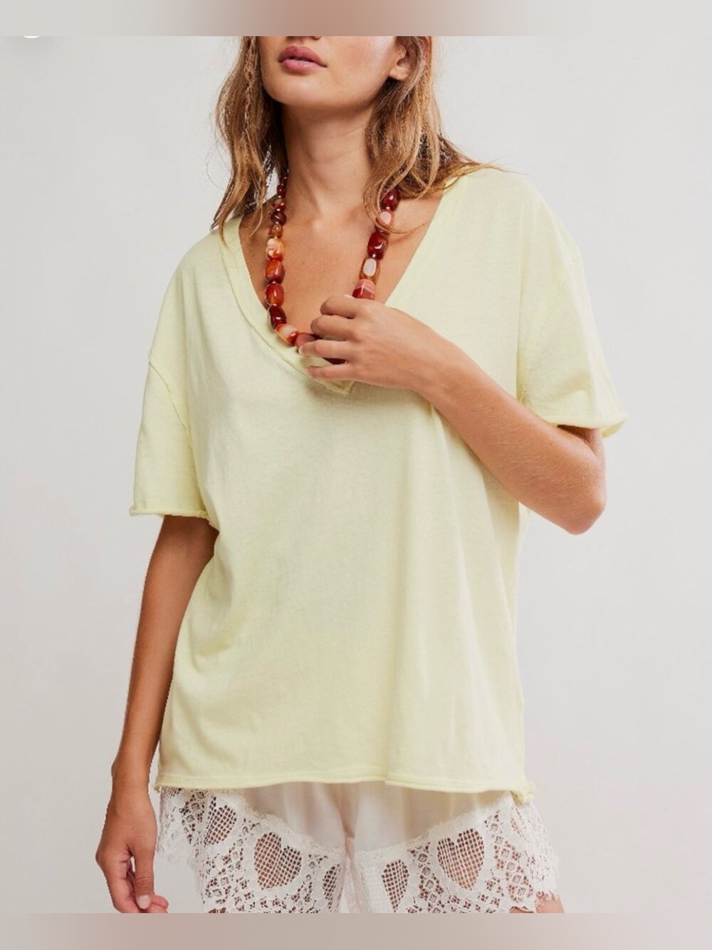 NWT Free People We The Free Pale Nina V-Neck Short Sleeve Tee ~ Yellow Water